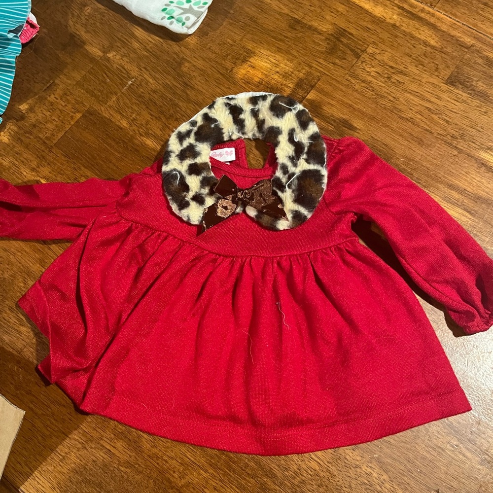 Red Long Sleeve Baby Dress with Leopard Print Collar